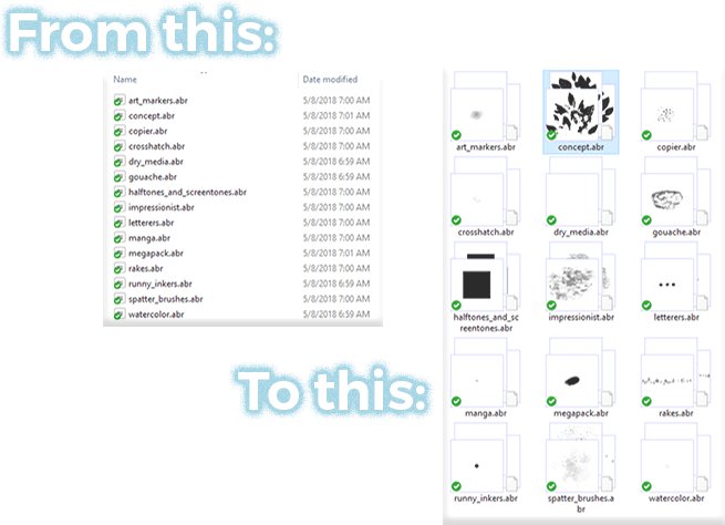 before and after pics Image of laptop with Argus Preset Viewer installed showing how the brush files are display within the Windows file explorer.